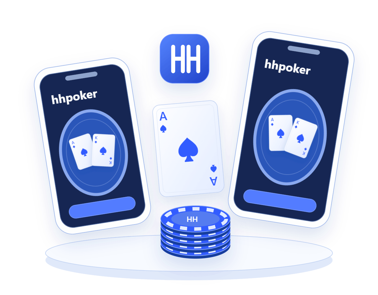 换机下载主题的两台手机模型，中间排列hhpoker双H标志、黑桃A和筹码